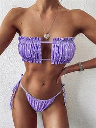 Sexy Pleated Hollow Out Bikini Women's Vacation Casual Lace-up Drawstring Straps Swimwear Female 2023 New Summer Print Beachwear