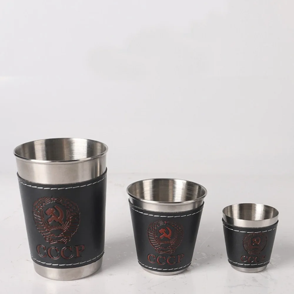 4Pcs Portable Outdoor Travel Cups Set with PU Leather Cup Sleeve Stainless Steel Coffee Cup Portable Design Beer Cup