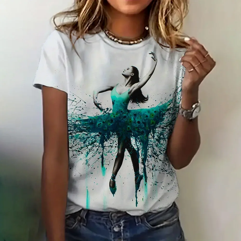 T-shirt élégant à manches courtes pour femmes, col rond, mode estivale, vêtements pour femmes, chemise de société de danse de ballet, tendance