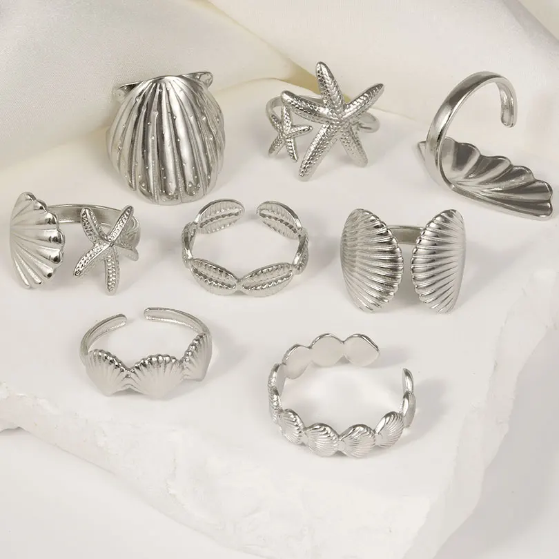 

6Pcs Summer New Brief Stainless Steel Silver Color Rings Sea Wave Starfish Shell No Fading Finger Jewelry For Women Men Gift