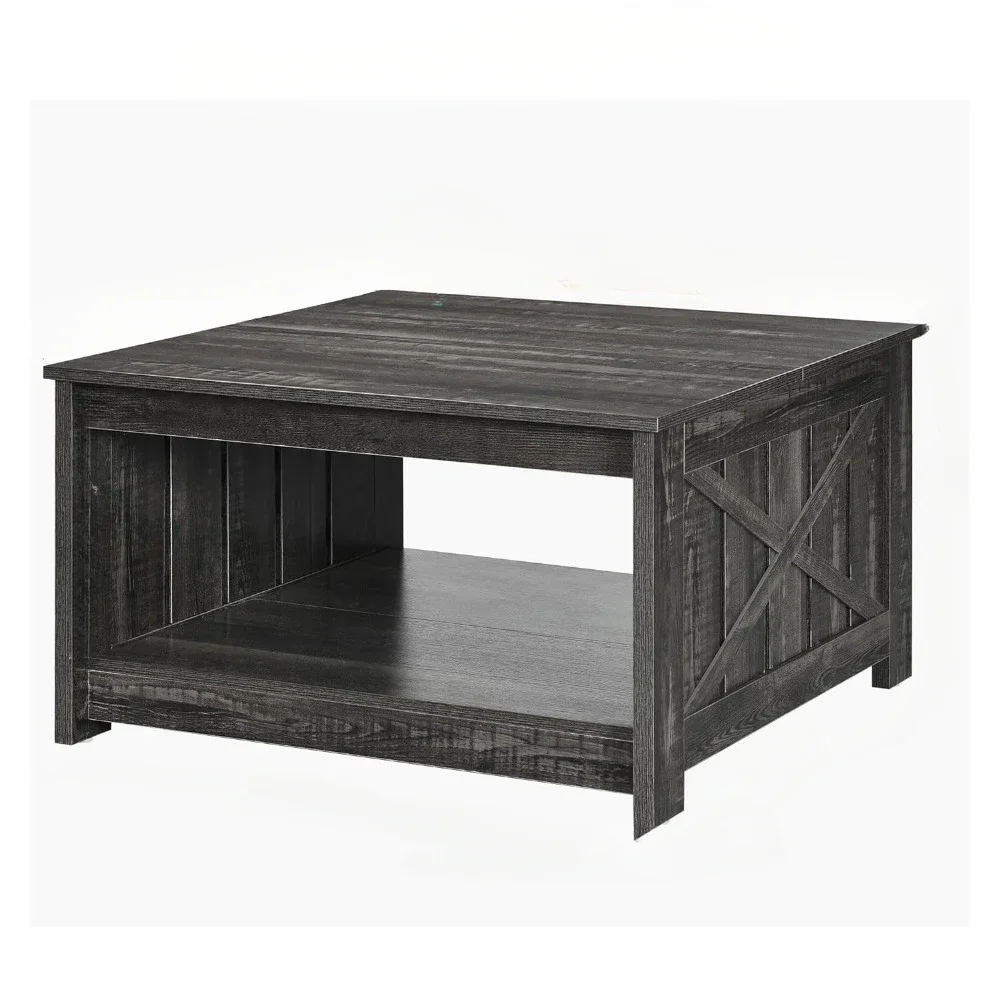 Coffee Table with Storage, Coffee Table Rustic Wood Cocktail Table, Square Living Room Table with Half Open Storage Compartment