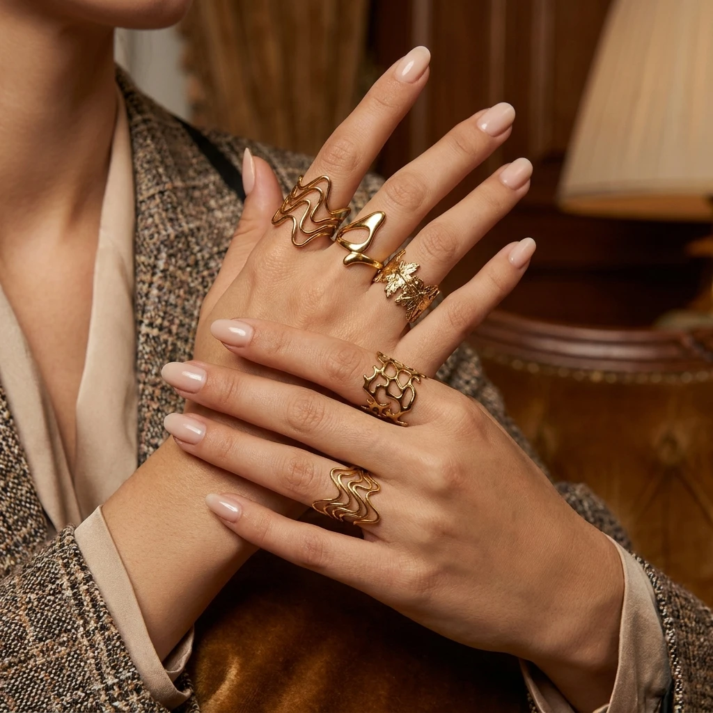 Edgy Abstract Irregular Geometric Stainless Steel Gold Tone Ring for Women Stackable Statement Streetwear Edgy Fashion Jewelry