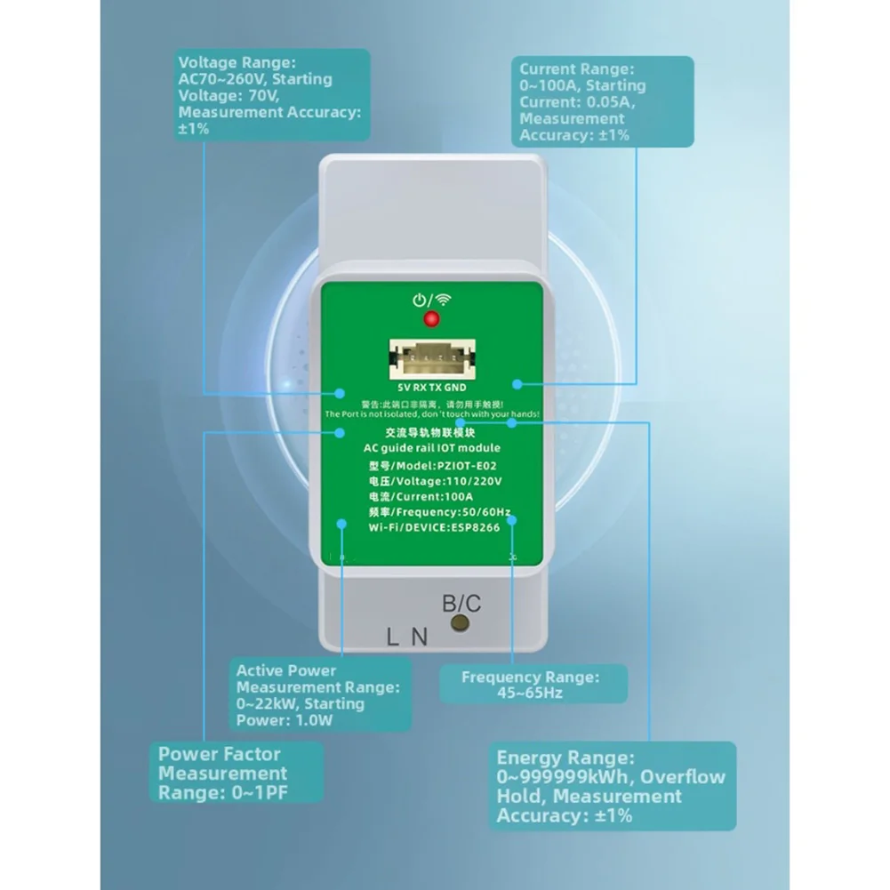 PZIOT E02 Single Phase Smart WiFi Electricity Meter Module with AC Frequency 5060Hz Suitable for IoT Integration