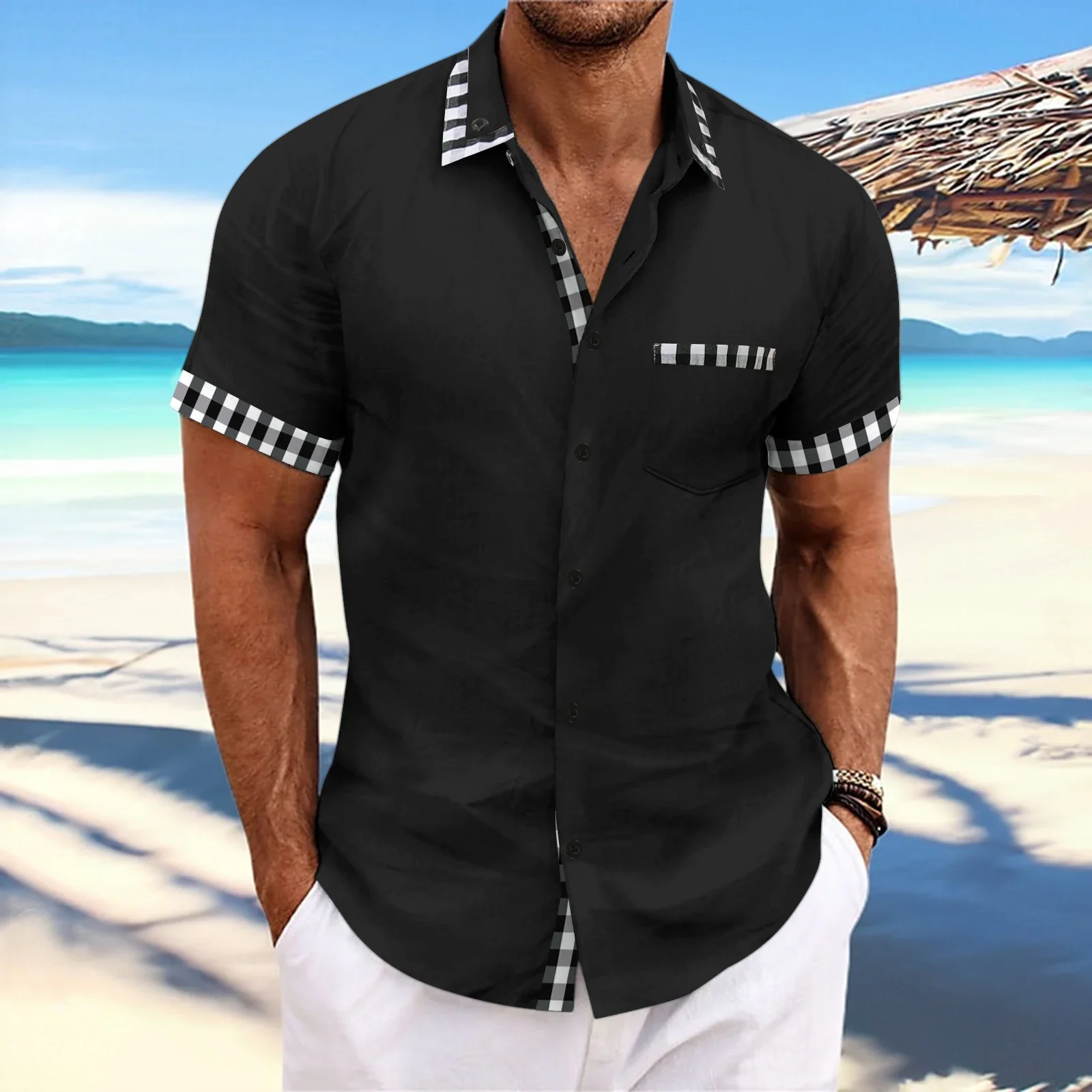 Summer 2024 new men\'s double lapel single-breasted slim top Men\'s fashion patchwork solid color high street short-sleeved shirt