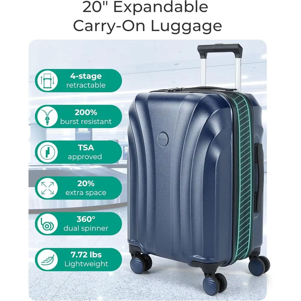 20 Inch Lightweight Expandable Hard Shell Carry-On Suitcase with TSA Lock, Spinner Wheels, Airline Approved, Light Blue