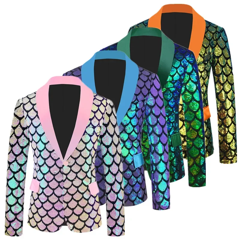 Men's velvet iridescent flip fish scale sparkling performance suit jacket, contrasting color design bright colored suit jacket