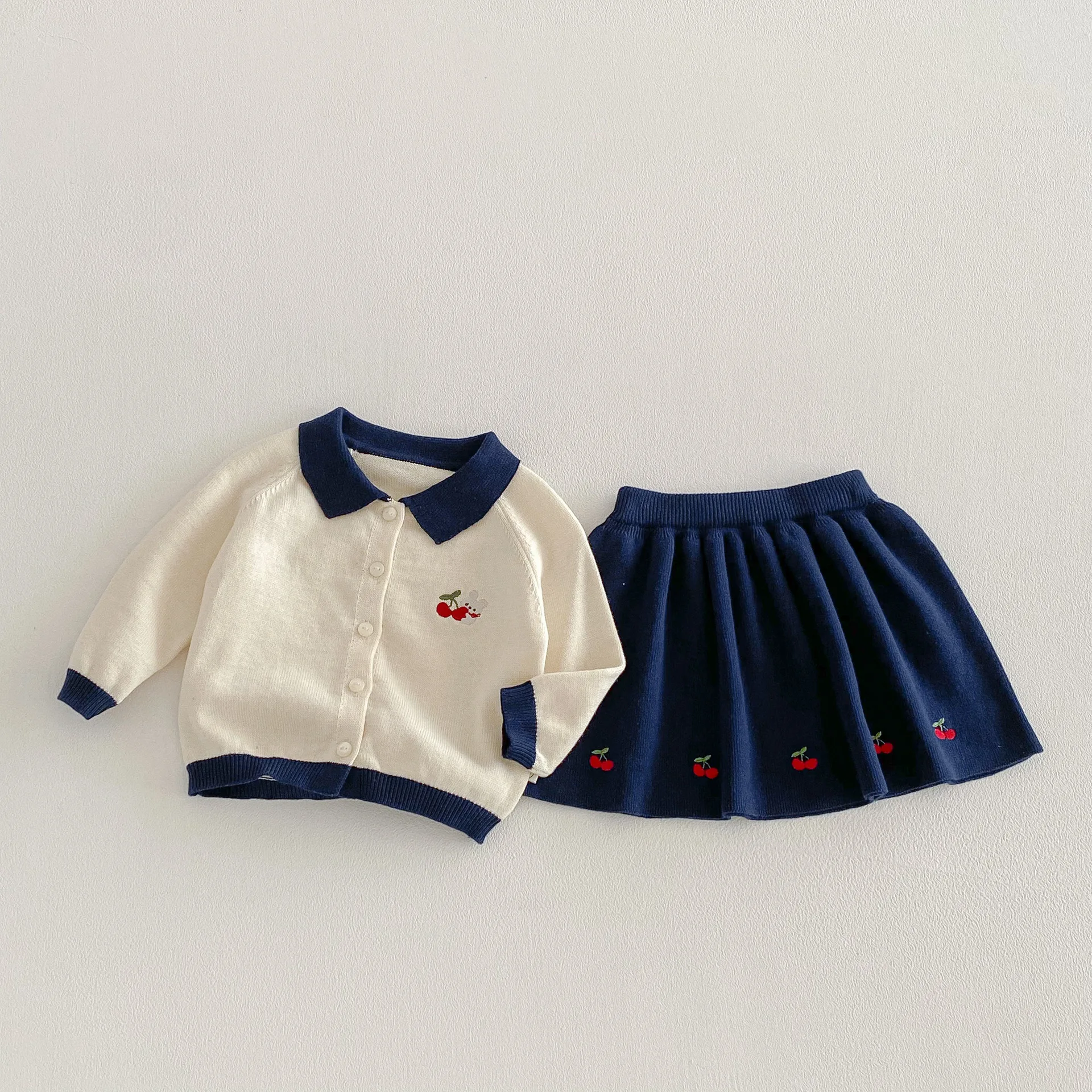 Girls' College Style Set 2026 New Spring Baby Cherry Knitted Sweater Cardigan Sweater Half Skirt Two-piece Set