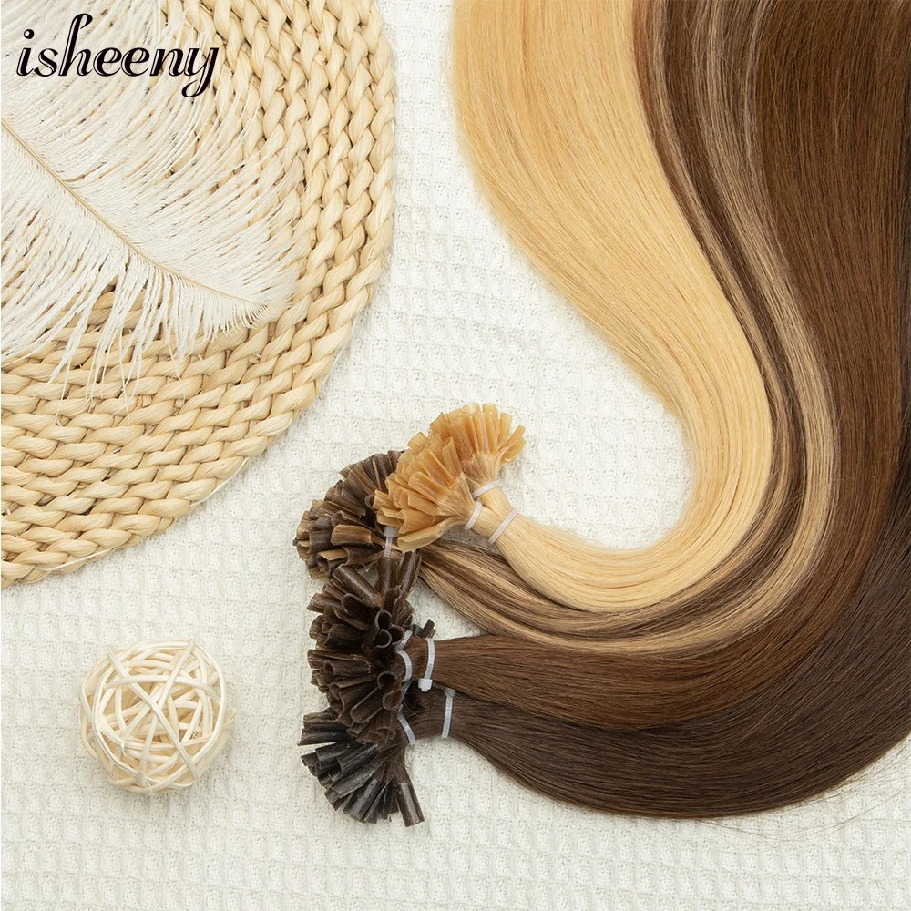 Isheeny u ponta extensões de cabelo humano natural em linha reta 12-20 polegadas máquina remy fusão cabelo loiro 50 pçs 30 g/pacote queratina cabelo