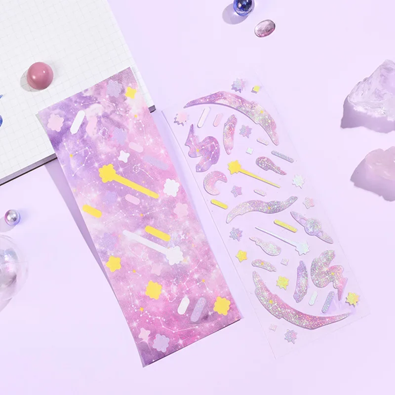 2Sheet Sticker PVC Romantic Galaxy series stickers Stationery elegant diy Color feather night sky stars Pink purple 168*65mm