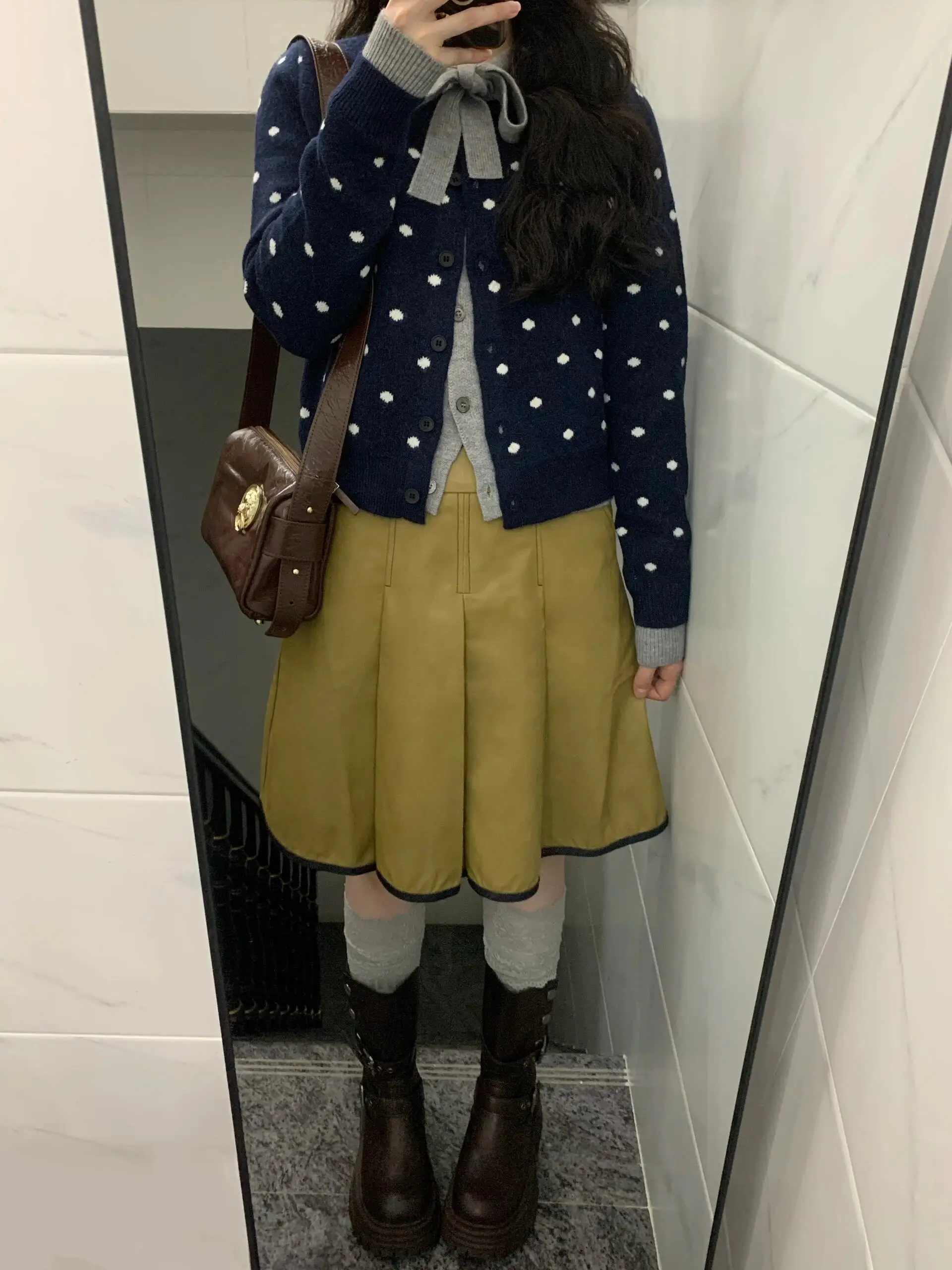 Retro American Khaki Color Block A-Line Waist Cinching  Skirt for Women Casual Autumn Winter New Style All-Match Streetwear