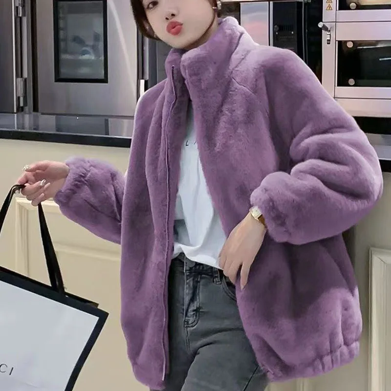 Biyaby Winter Stand-Up Collar Faux Fur Coats Woman Korean Thicken Plush Warm Jackets Ladies Streetwear Long Sleeve Overcoat