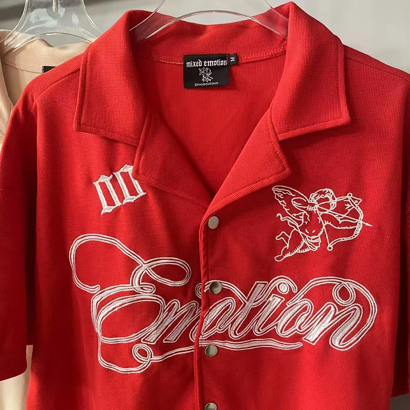 

Негабаритные футболки со смешанной эмахией, хорошее качество, вафельные футболки с прямым распылением чернил, мужские и женские повседневные футболки из чистого хлопка с красными буквами