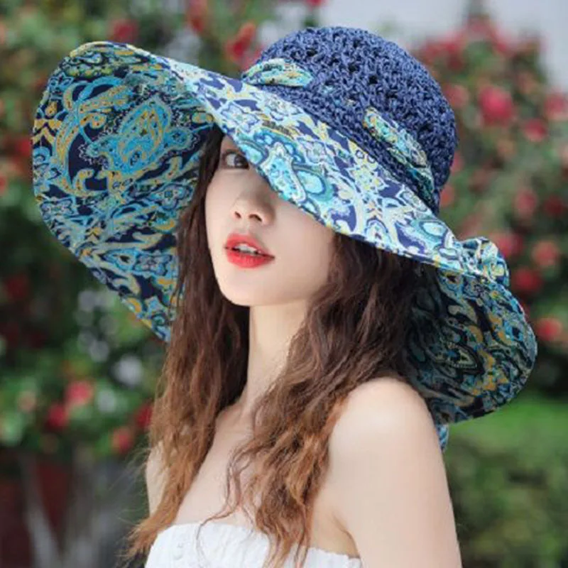 2022 Fashion Hook Printing Travel Hats Sun Women Sunshade Bowknot Straw Hat Summer Wide Brim Beach Floral