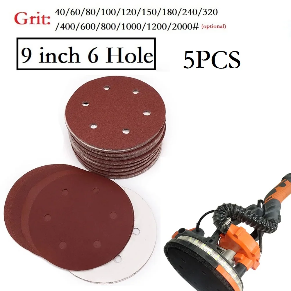 5pcs 9Inch 225mm Sandpaper 6Holes Sanding Discs Sanding Paper 40-2000grit Adhesive Sandpaper Sheets For Random Orbital Sander