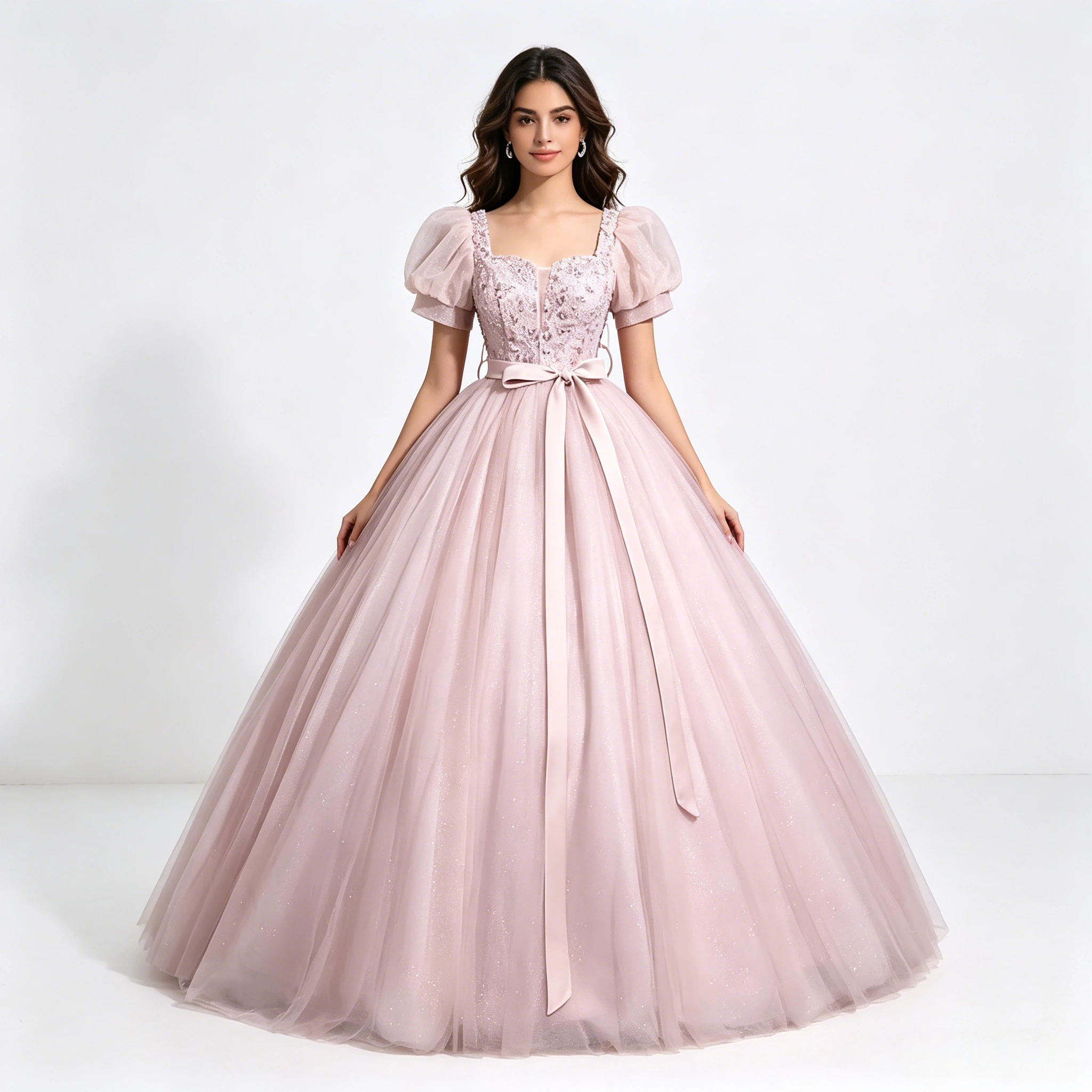 Elegant Blush Pink Puff Sleeve Beaded Glitter Tulle Ball Gown Lace Up Back Floor Length Quinceanera Sweet 16 Prom Formal Dress