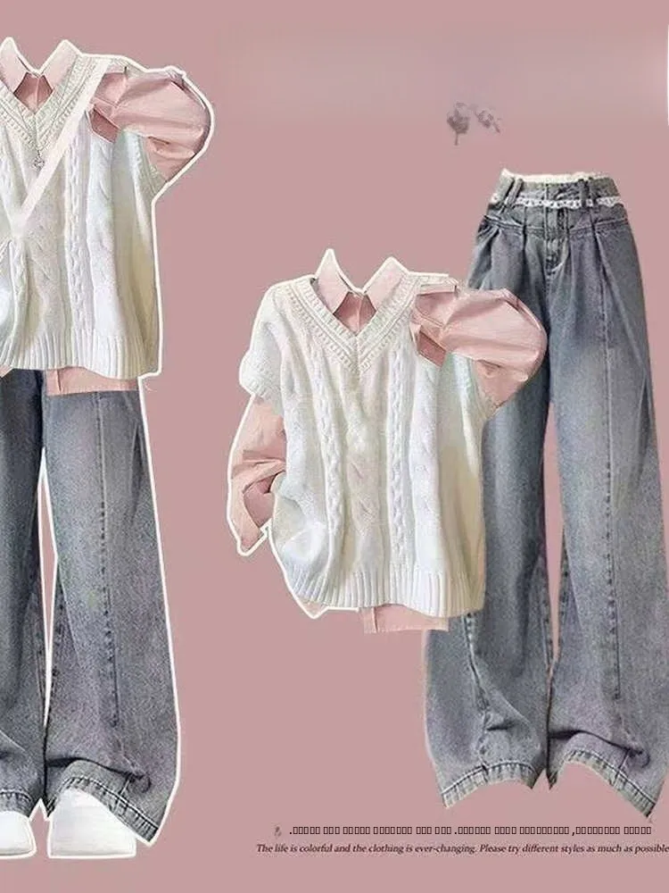 

Белый вязаный жилет и рубашка: комплект из двух предметов для женщин, весна-осень, свободный крой, в стиле lazy, модный свитер-жилет, трендовый образ для многослойного ношения в университетском стиле