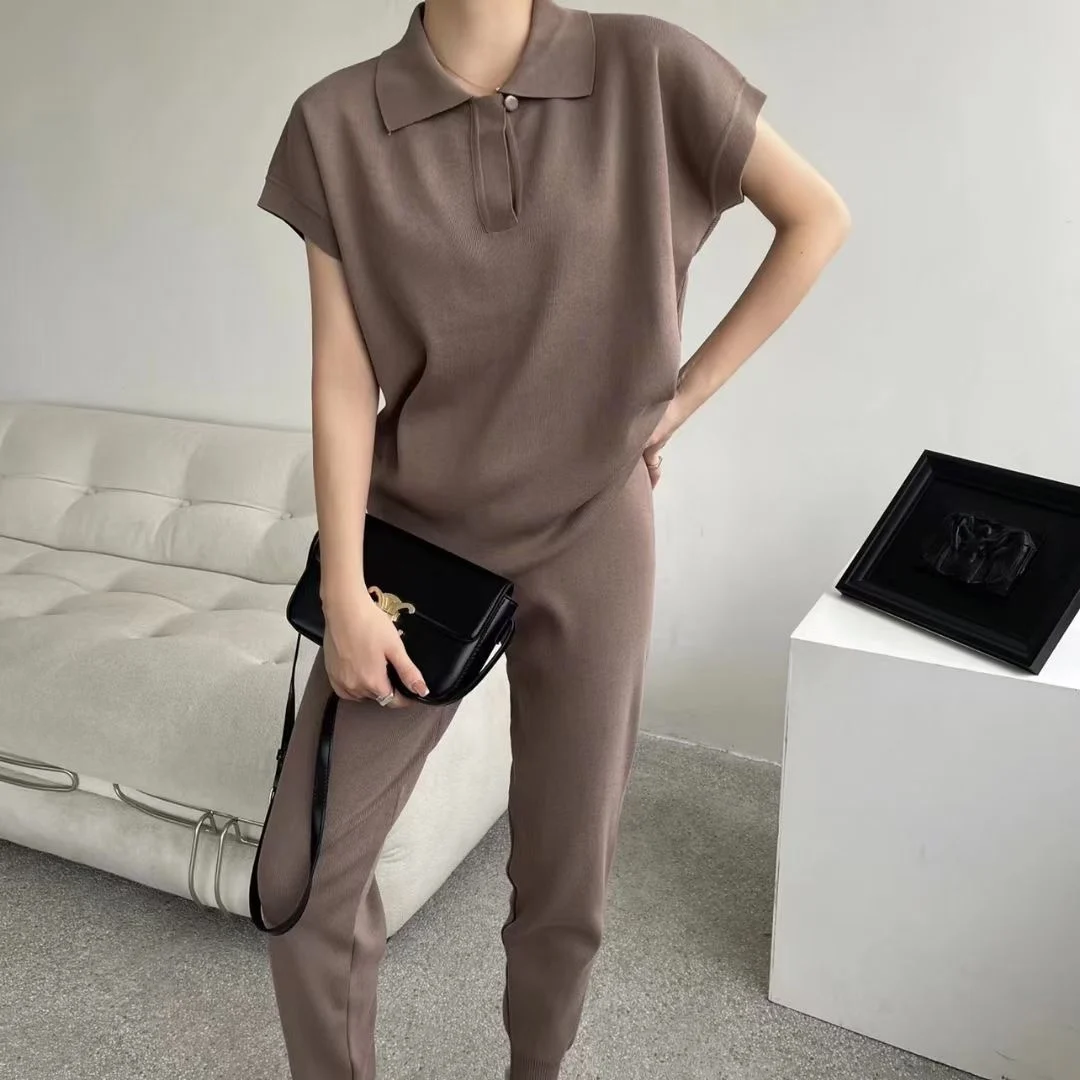 

New Korean Fashion Women's Tracksuit Short Sleeve Summer Knitted Pullover Sweater Tops Wide Leg Pants Female Set Woman 2 Pieces