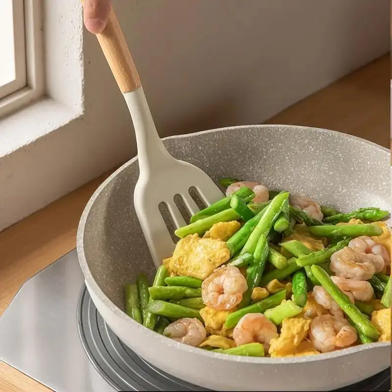 Wooden Handle Silicone Kitchen Utensils, Food-Grade High-Temperature Resistant Non-Stick Pan Spatula, Long-Handled Silicone Spatula for Stir-Frying and Frying Eggs, Household Kitchen Utensils - view 5