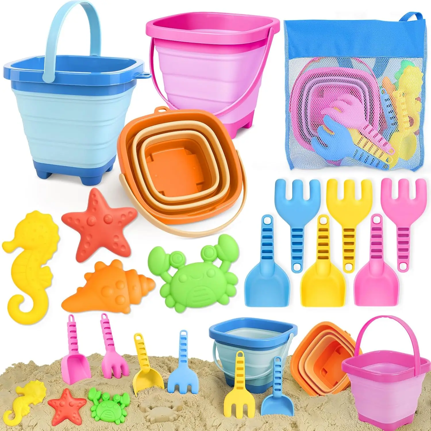 

Складные игрушки для песочницы для детей 3-10 лет, в комплекте складные ведерки, лопатки, формы и сумка для хранения