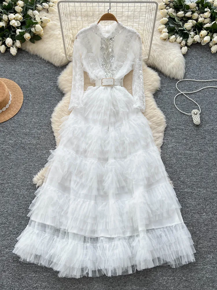 우아한 오버사이즈 비즈 자수 메쉬 퍼프 드레스 여성 슬림 하이웨이스트 롱 스커트 한국 스타일 출퇴근 패션