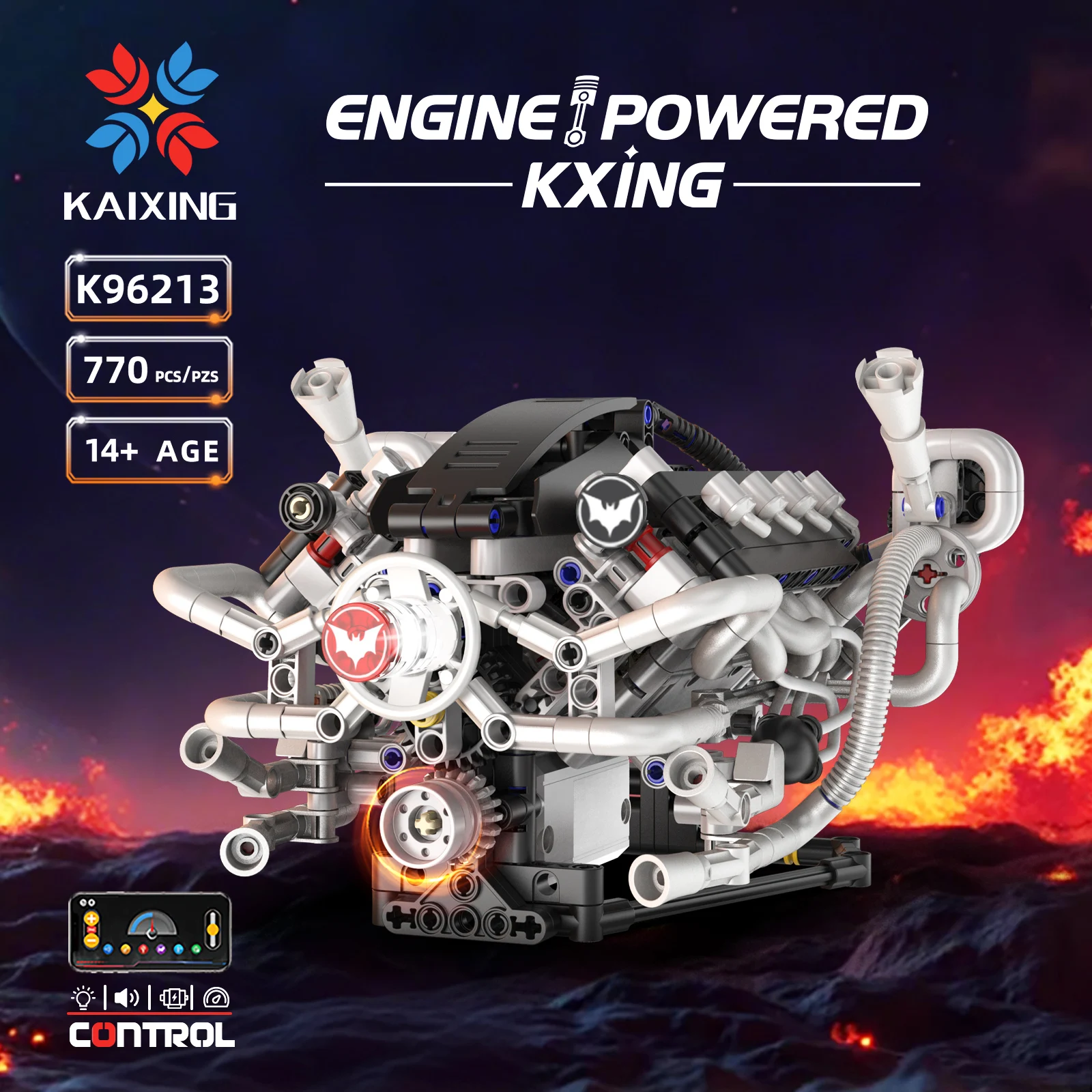 K96213 770pcs V8 Engine Model Bricks MOC Kit Programmable Car Building Blocks with LED Lights & APP Control STEM Educational Toy