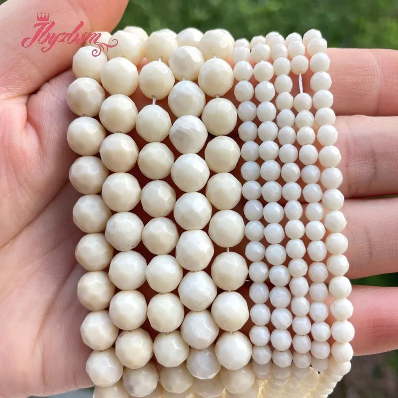 Free Shipping Natural White Coral Faceted Round Stone Beads Loose For DIY Necklace Bracelets Jewelry Making Strand 15\