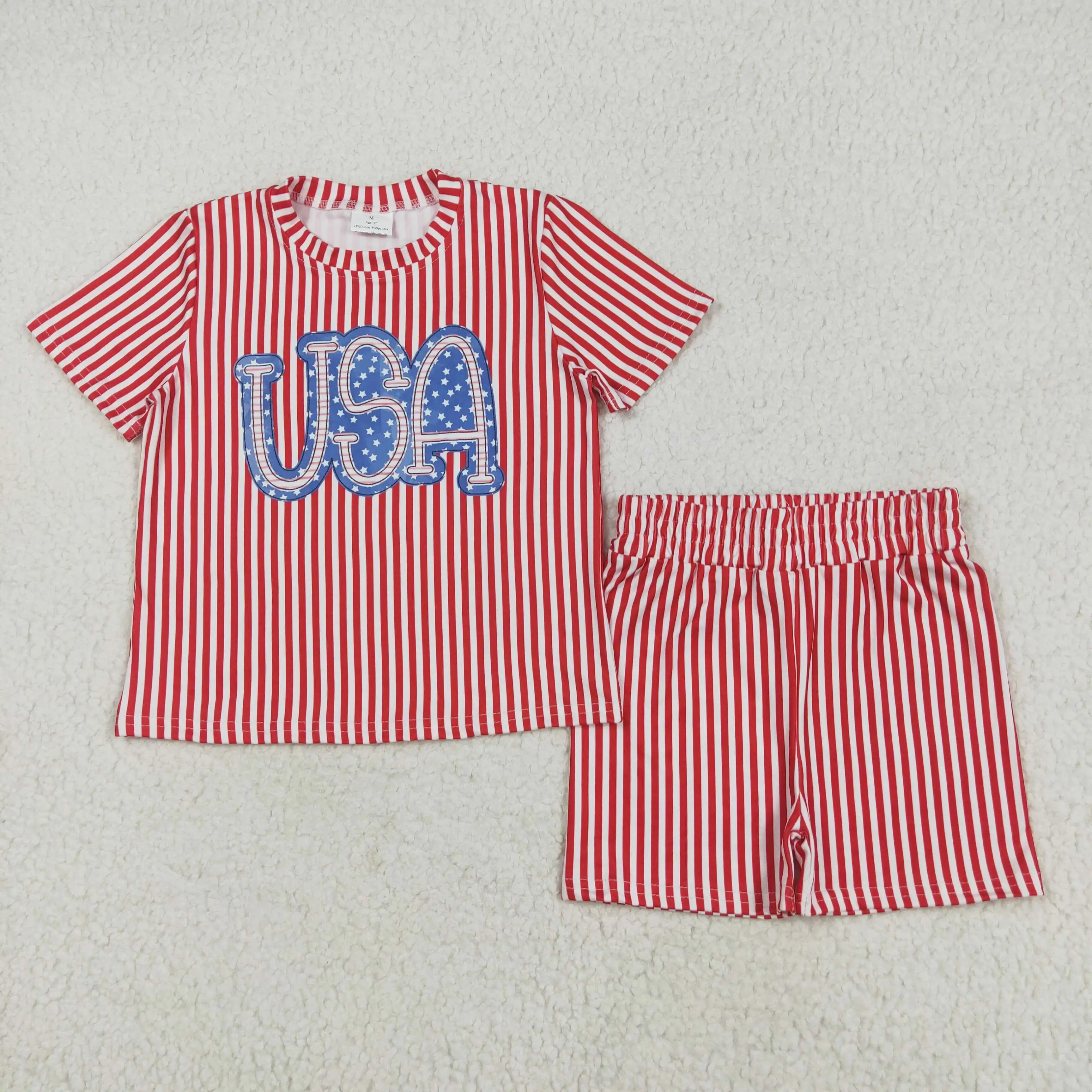 

5.16y Red Stripe USA Print Short Sleeve Matches Lace Shorts Toddler Outfits Sweet Baby Summer Baby Girl Boutique Clothes