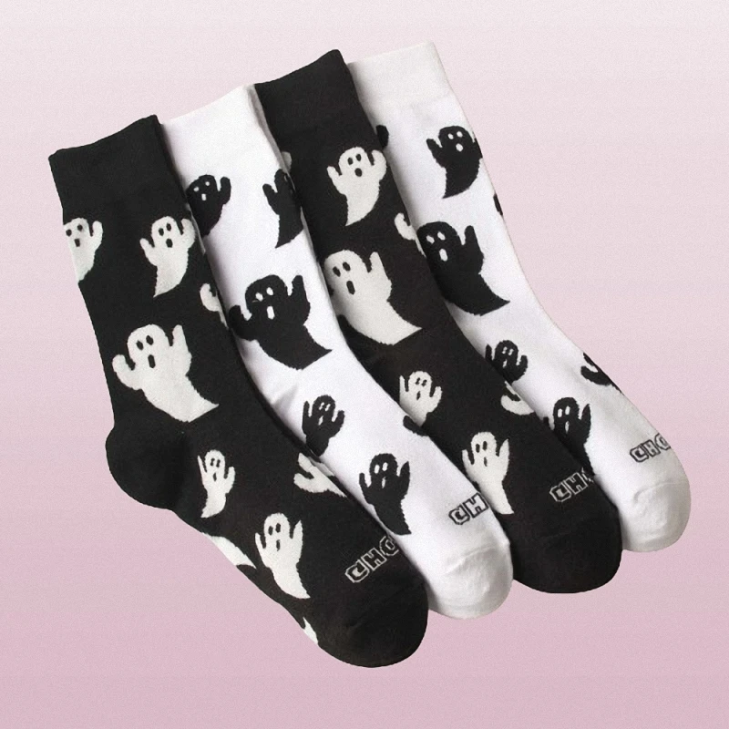 Chaussettes mi-tube respirantes pour femmes, motif fantôme, série Halloween, chaussettes longues, noir et blanc, haute qualité, 2/6 paires