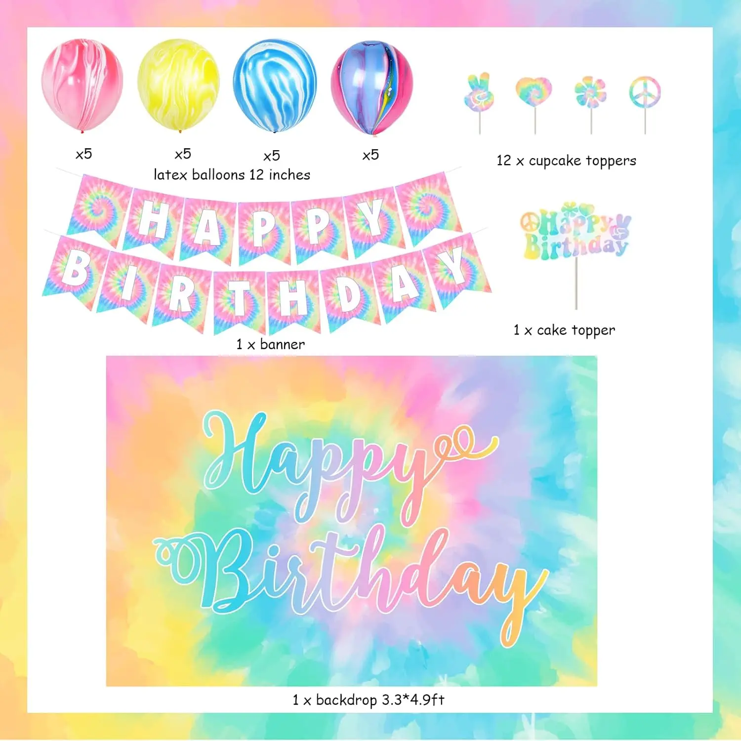 Imagem -06 - Tie Dye Backdrop Bolo Topper com Cupcake Toppers Banner Feliz Aniversário Mármore e Ágata Balões Arco-íris Decoração de Aniversário