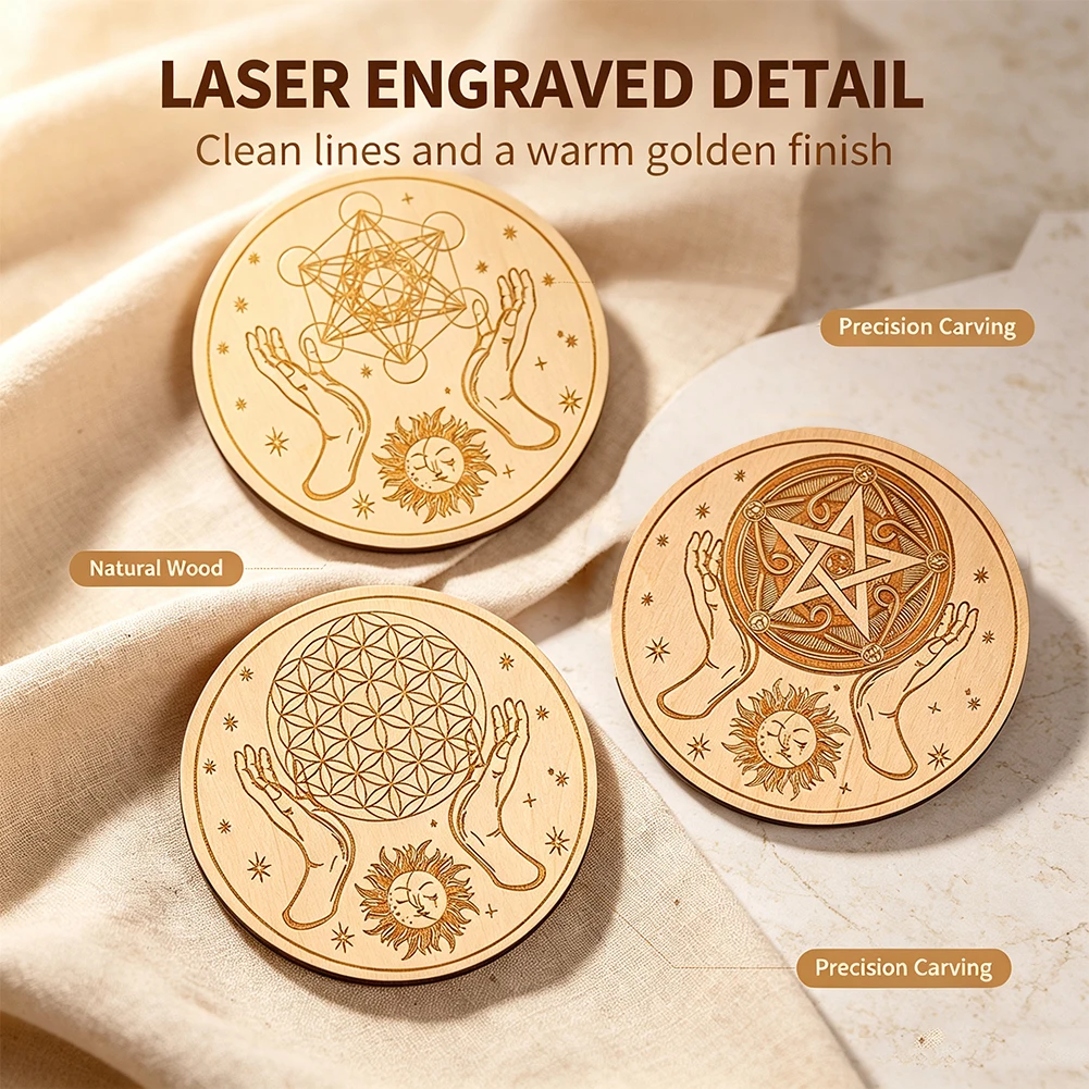 Natural Wood Crystal Display Plate Sacred Geometry Symbol Jewelry Base for Pendulum Tarot Stone Pendant Desktop Witchcraft Decor