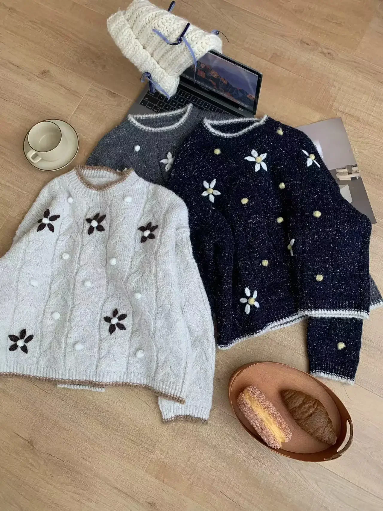 Spliced Knitted Jumpers Women Flowers Long Sleeve Slight Strech O Neck Pullovers Autumn Knitted Sweater Basics Loose 2024