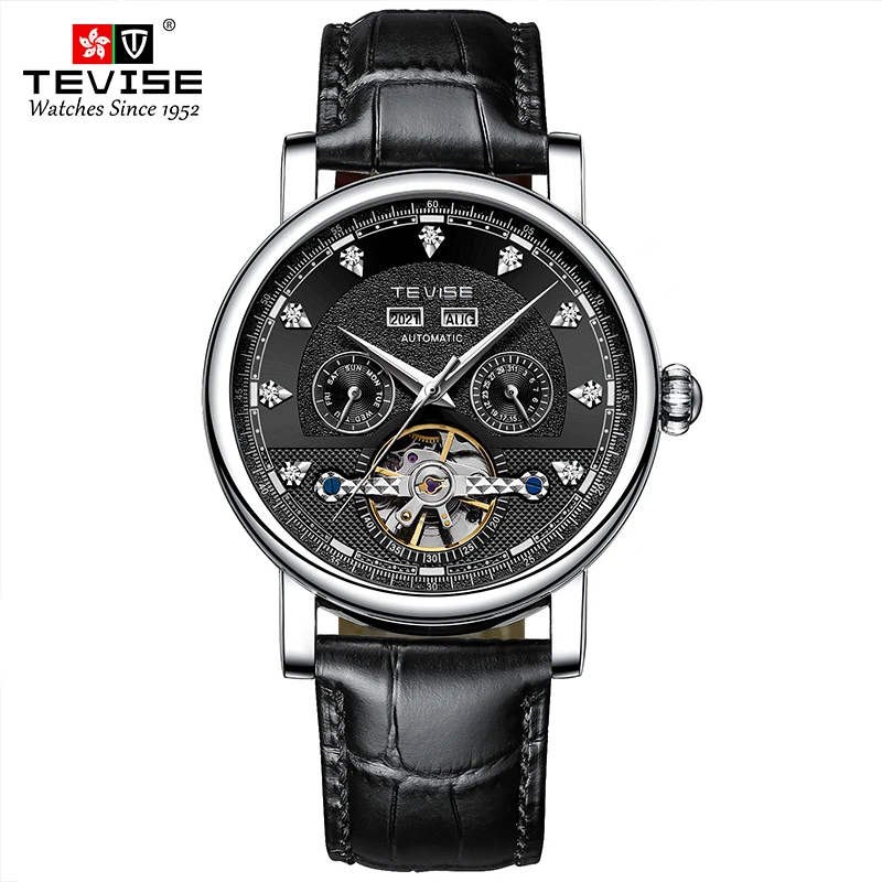 TEVISE Automatic Mechanical Watch for Man Business Casual Stainless Steel Leather Wristwatch luminous Waterproof