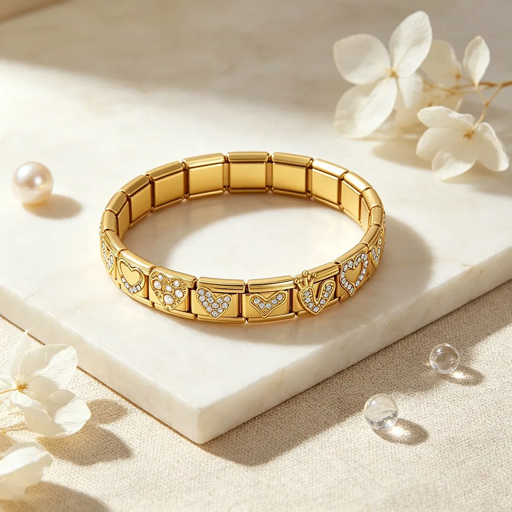 GEMOSA 9mm Luxus 3D Stereo Herz Edelstahl Armband Perlen Goldfarben Quadratische Anhänger Gliederketten Italienischer Schmuck DIY Geschenk – Detail 3
