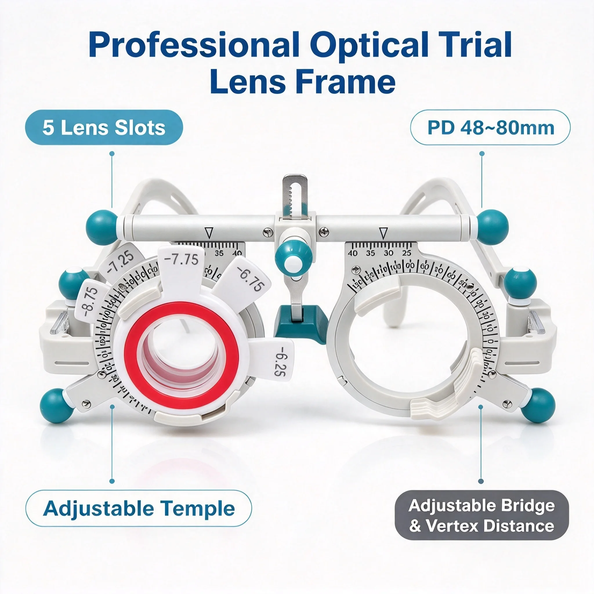 Professional Optical Trial Lens Frame Adjustable PD 48~80mm Trial Frame with 5 Lens Slots for Optometry Eye Examination