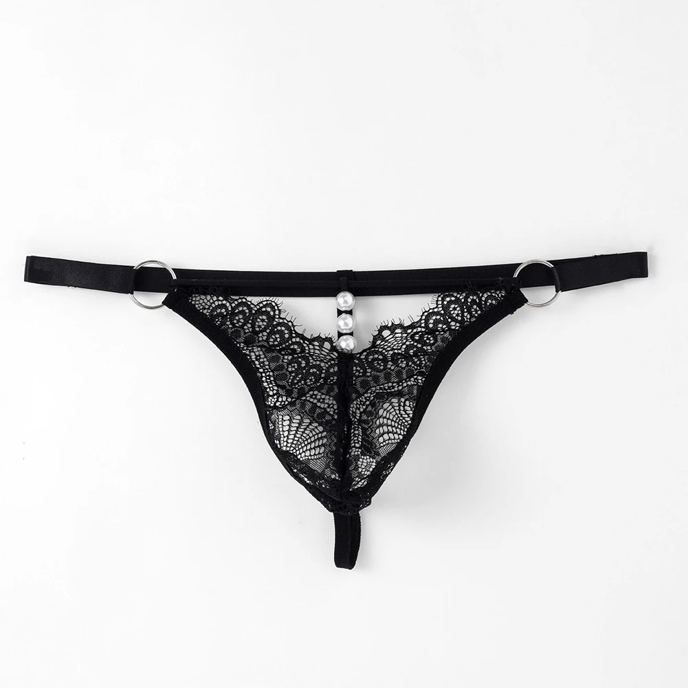 

Gay Men Sheer Lace G-String With Pearl Bulge Pouch Underwear T-back Thongs Sissy Soft Erotic Panties Breath Underpants Lingerie