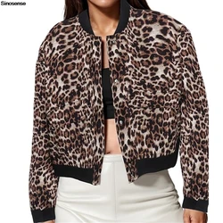 Womens Leopard Print Cropped Bomber Jacket Button Down Varsity Jackets Shackets With Pockets Casual Daily Wear Street Coats