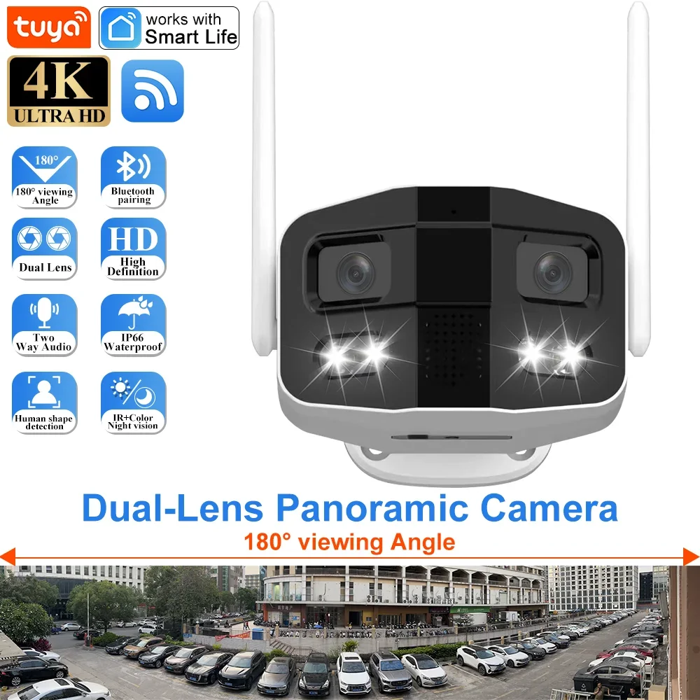 

Tuya Smart Life 4K Dual-Lens Large wide 180°Security Outdoor With Color Night Vision Siren 2-Way Talk Waterproof WiFi IP Camera