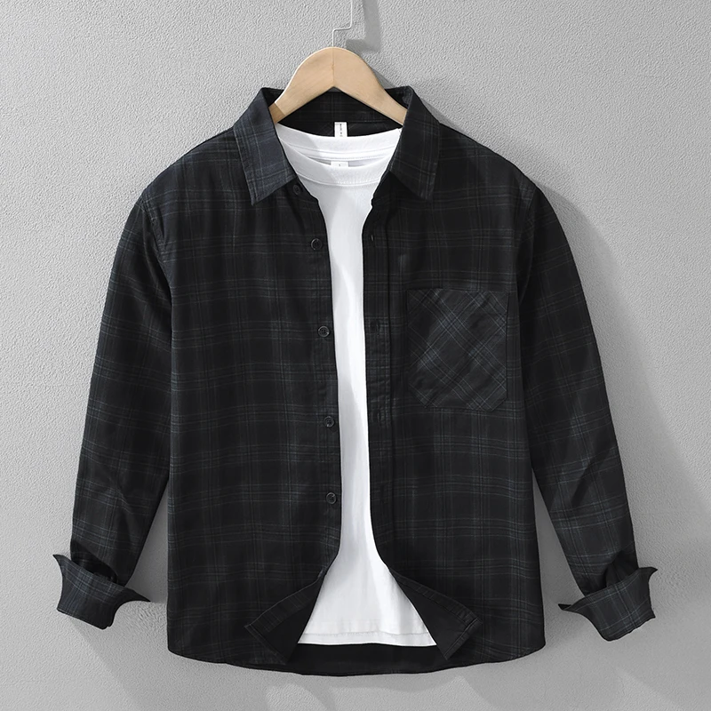 

Fashion Vintage Plaid Shirt for Men Long Sleeve Oversize Casual Clothing 2025 Spring New Office Shirts Black