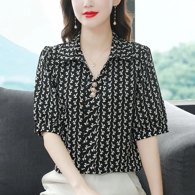 Commute Stylish Printed Blouse Chic Button Women\'s Clothing Casual Turn-down Collar Chic Button Spring Summer 3/4 Sleeve Shirt