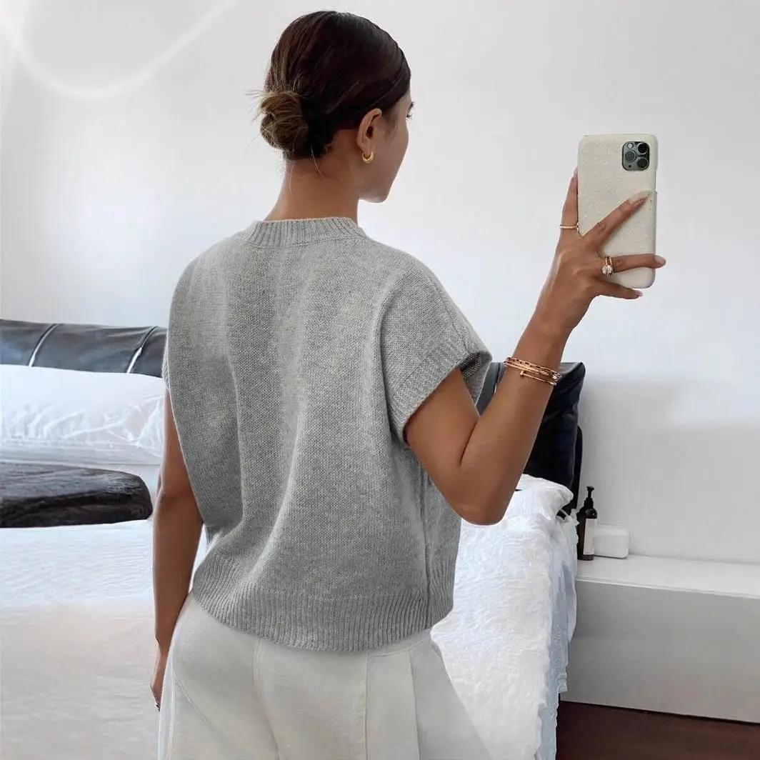 

Ele Knitted Floral Embroidery Women's Slimming Pure Color Spring Summer New Sle Sweater Thin Material Svel Crew Ne