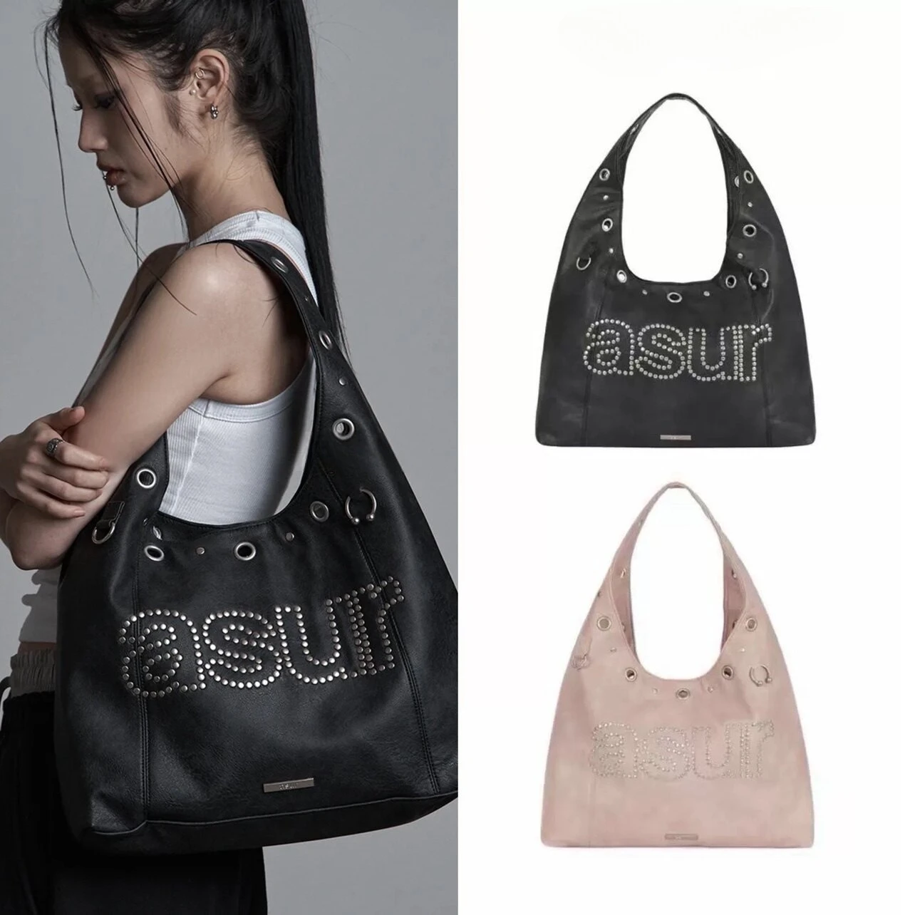 Rivet-encrusted Diamond Retro Bag Niche Soft Suede Hollow Design Women's Large-capacity Shopping Storage Bag