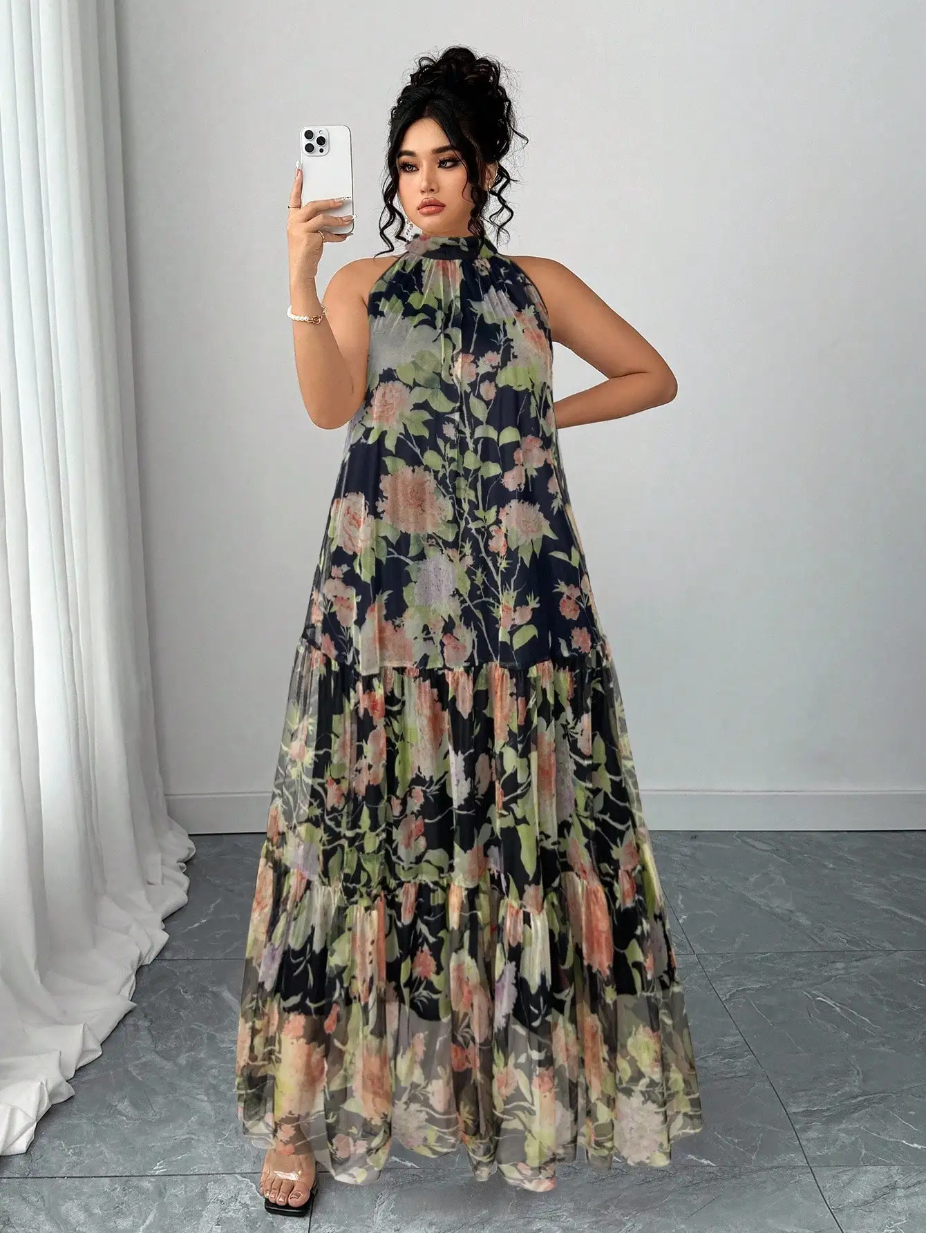 

Plus Size Women Elegant Chiffon Sleeveless Floral Mesh Maxi Dress