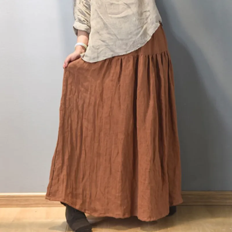 Johnature Women Autumn Solid Color Linen Skirts 2024 Fall New Elastic Waist Original Women Clothes Loose Pleated Skirts