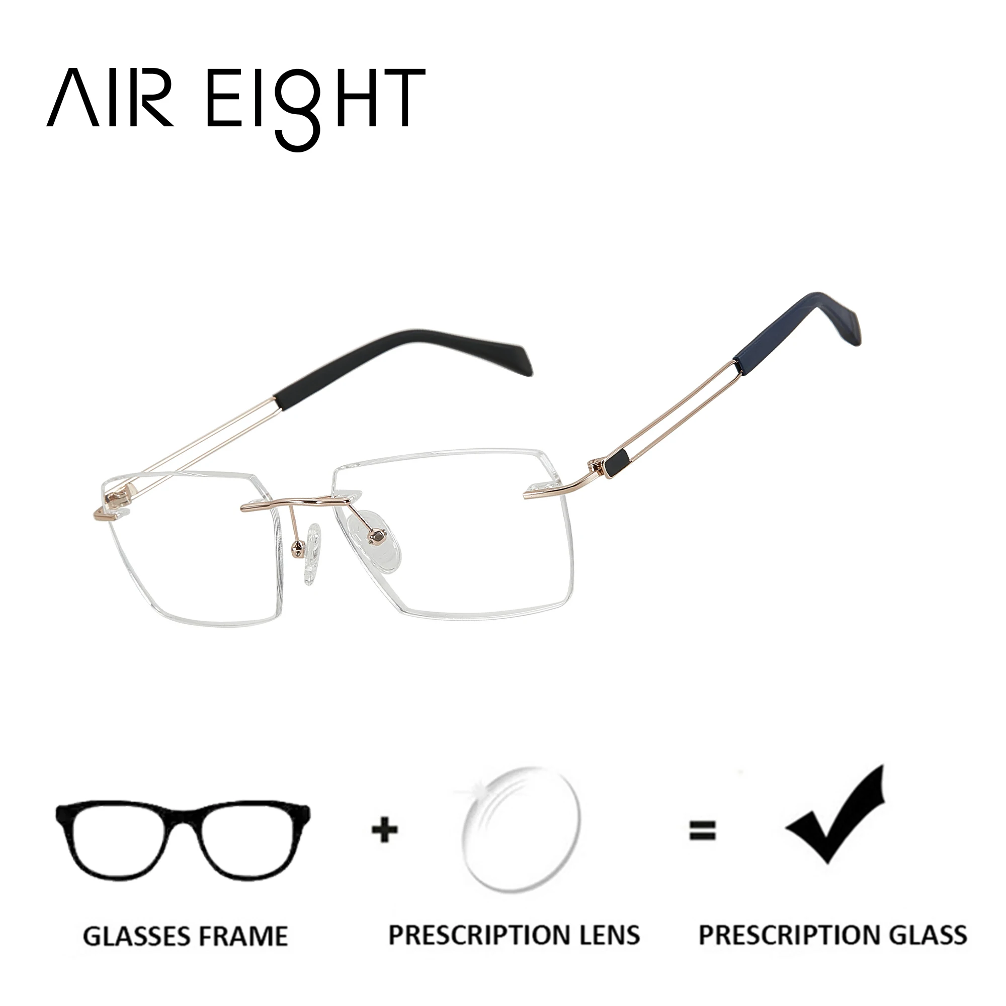 

AIR EIGHT Metal Rectangle Rimless Prescription Eyeglasses For Men Multifocal Eyepieces Blue Light Photochromic Optical Lenses