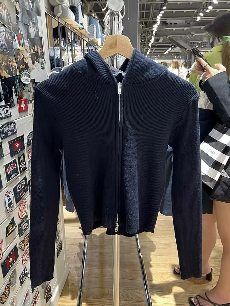 Casual donna Navy Cardigan in maglia con cappuccio 2023 autunno moda donna doppia apertura cerniera maglioni donna Chic manica lunga top