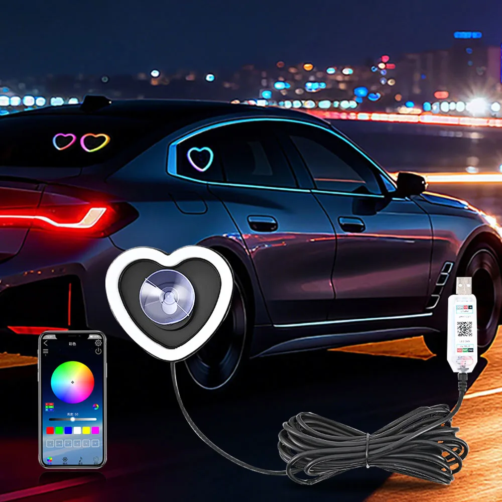

RGB в форме сердца, автомобильный окружающий свет, окно автомобиля, присоска, светодиодный атмосферный светильник, 256 цветов, USB 5 В, неоновая лампа, кнопка, управление через приложение