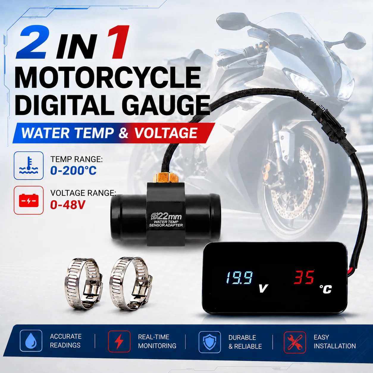 Jauge de température d'eau et de tension pour moto koso, 2 en 1, mini-mètre numérique universel pour NMAX XMAX250 XMAX300 CB400 CB500X