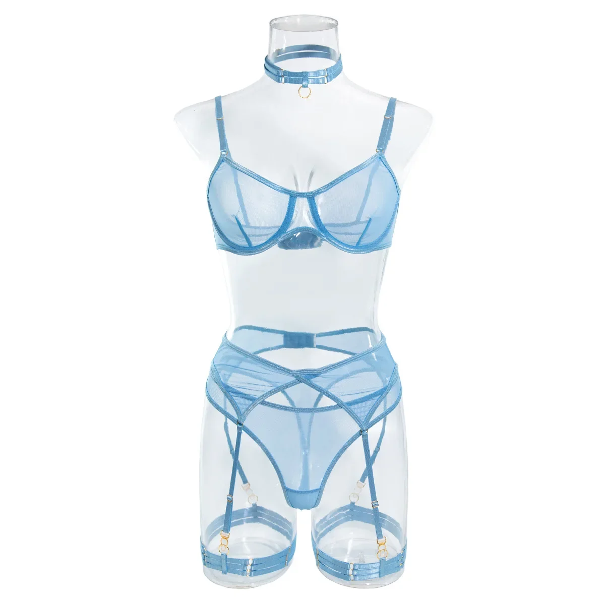 

Sexy Mesh Slim Gather Underwear with Soft Steel Ring Women's See Though Bra Lingerie Female Solid Exotic Apparel Suit Four Piece