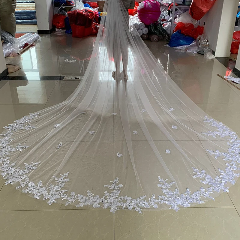 

2024 Spring New White Ivory Appliqued Cathedral Real Photos 3 Meter Wedding Veil With Comb Boda Velo De Novia Lace Edge