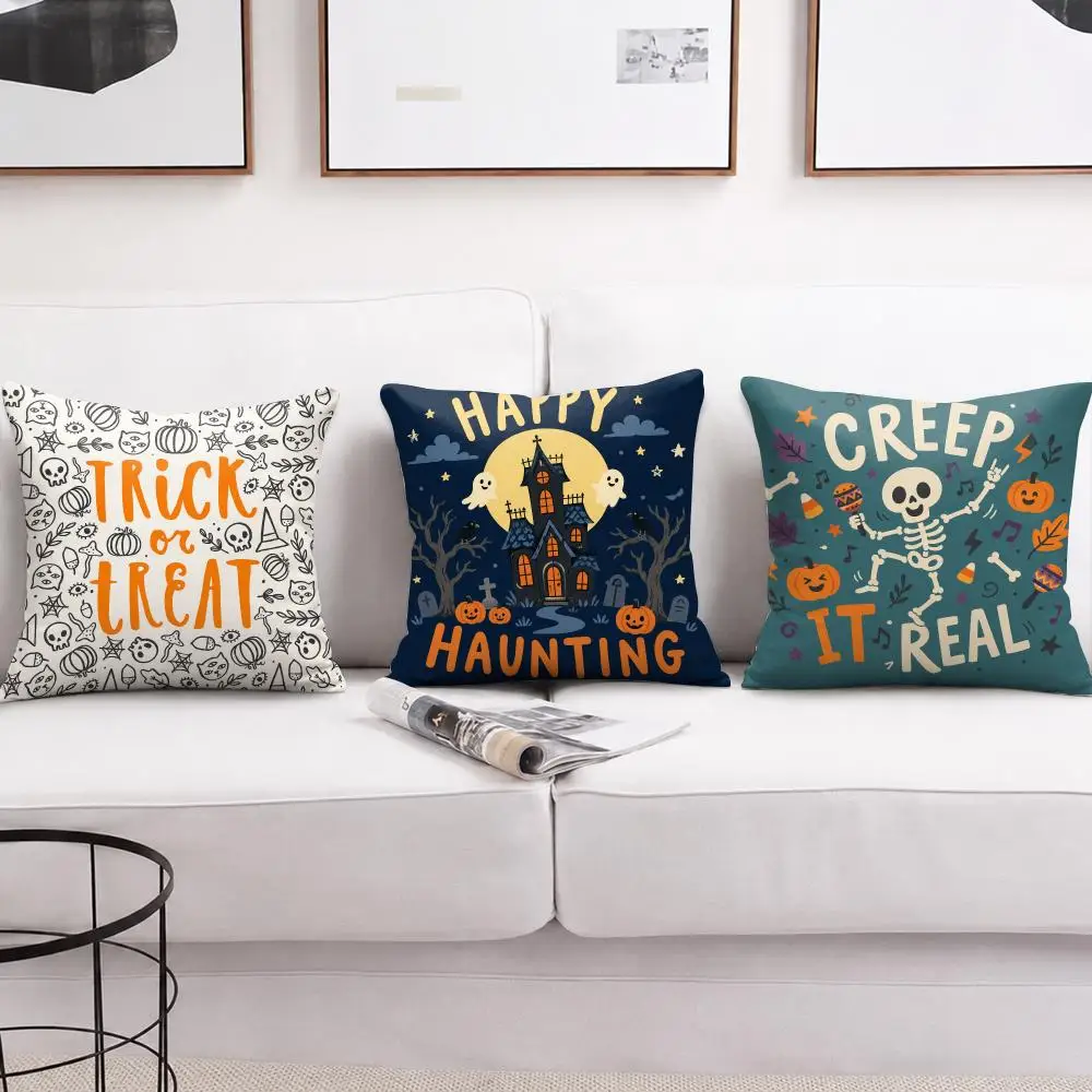 Vintage Halloween Typography Cushion Cover Short Plush Soft Double-Sided Printing Pillow Case Cozy Sofa Bedroom Home Decor Gift